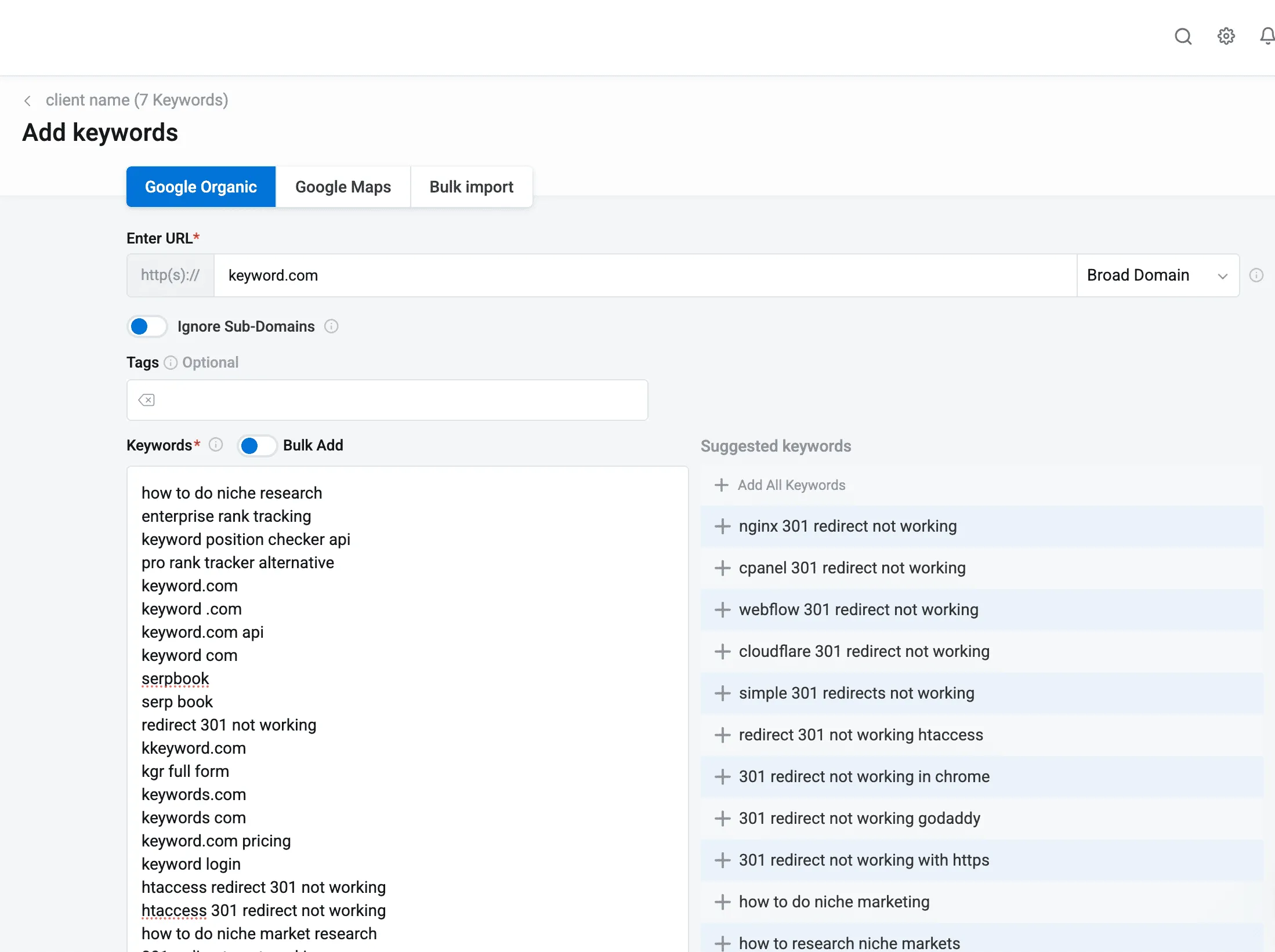 Input interface for adding keywords and suggestions in Keyword.com.