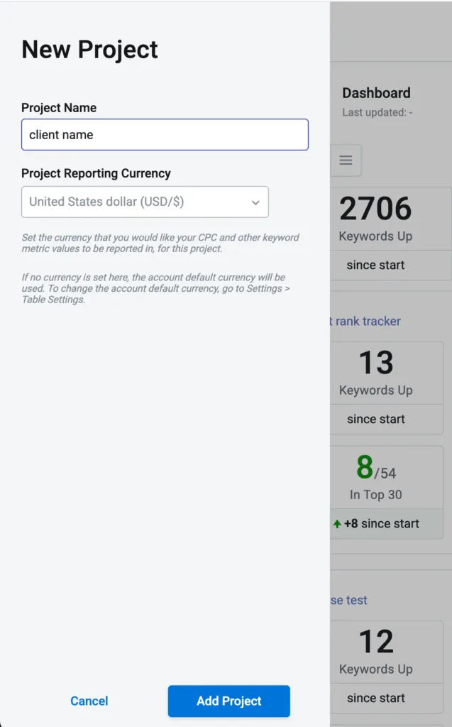 Interface to name a project and set the reporting currency in Keyword.com.
