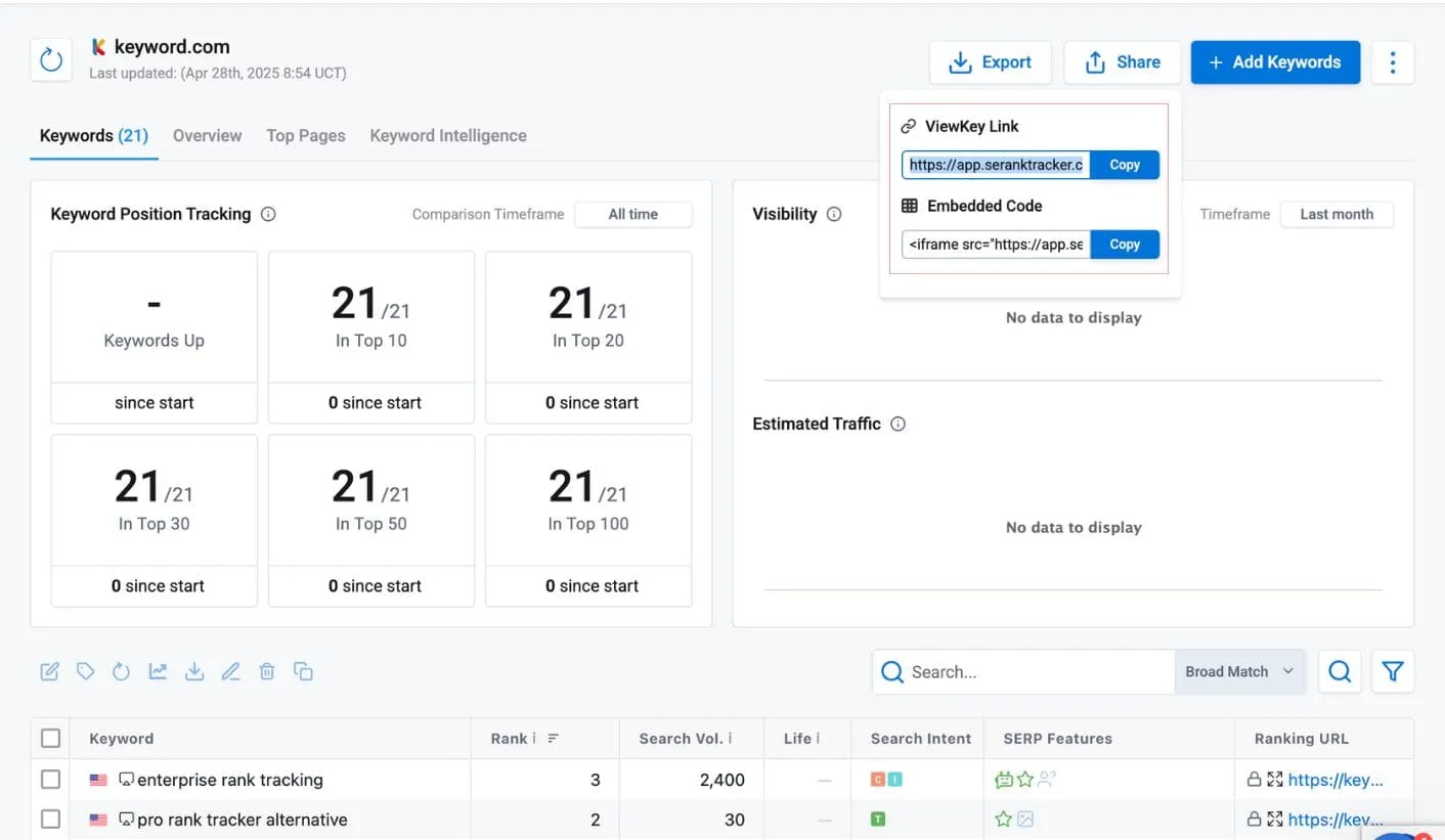 Modal showing how to generate a shareable ViewKey link and embed code.