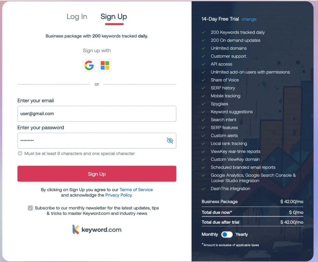 Keyword.com signup screen showing 14-day free trial and features.