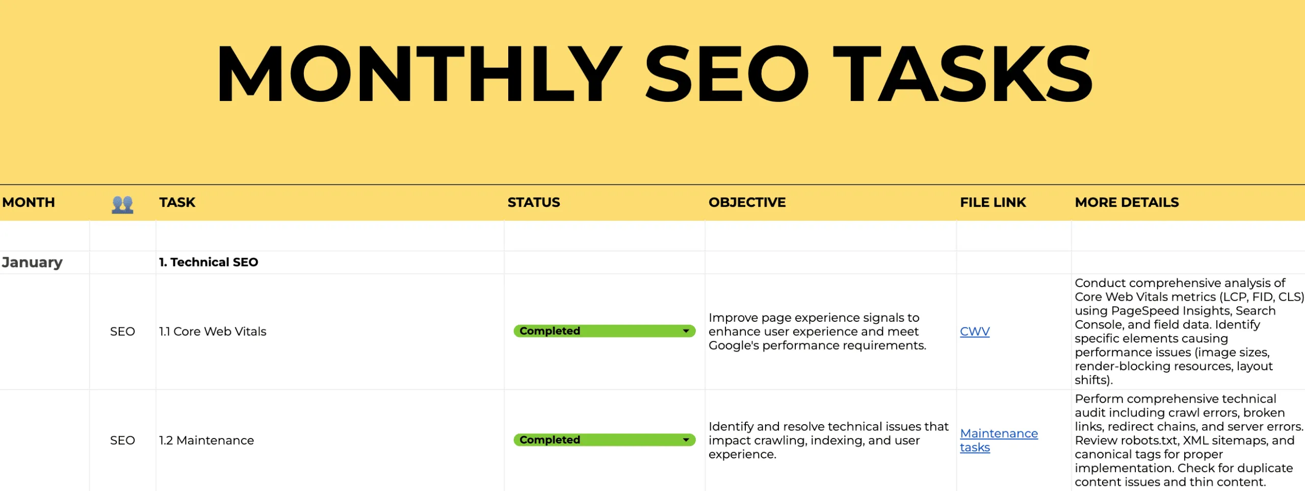 Spreadsheet showing monthly SEO tasks with columns for task, status, objective, and links.