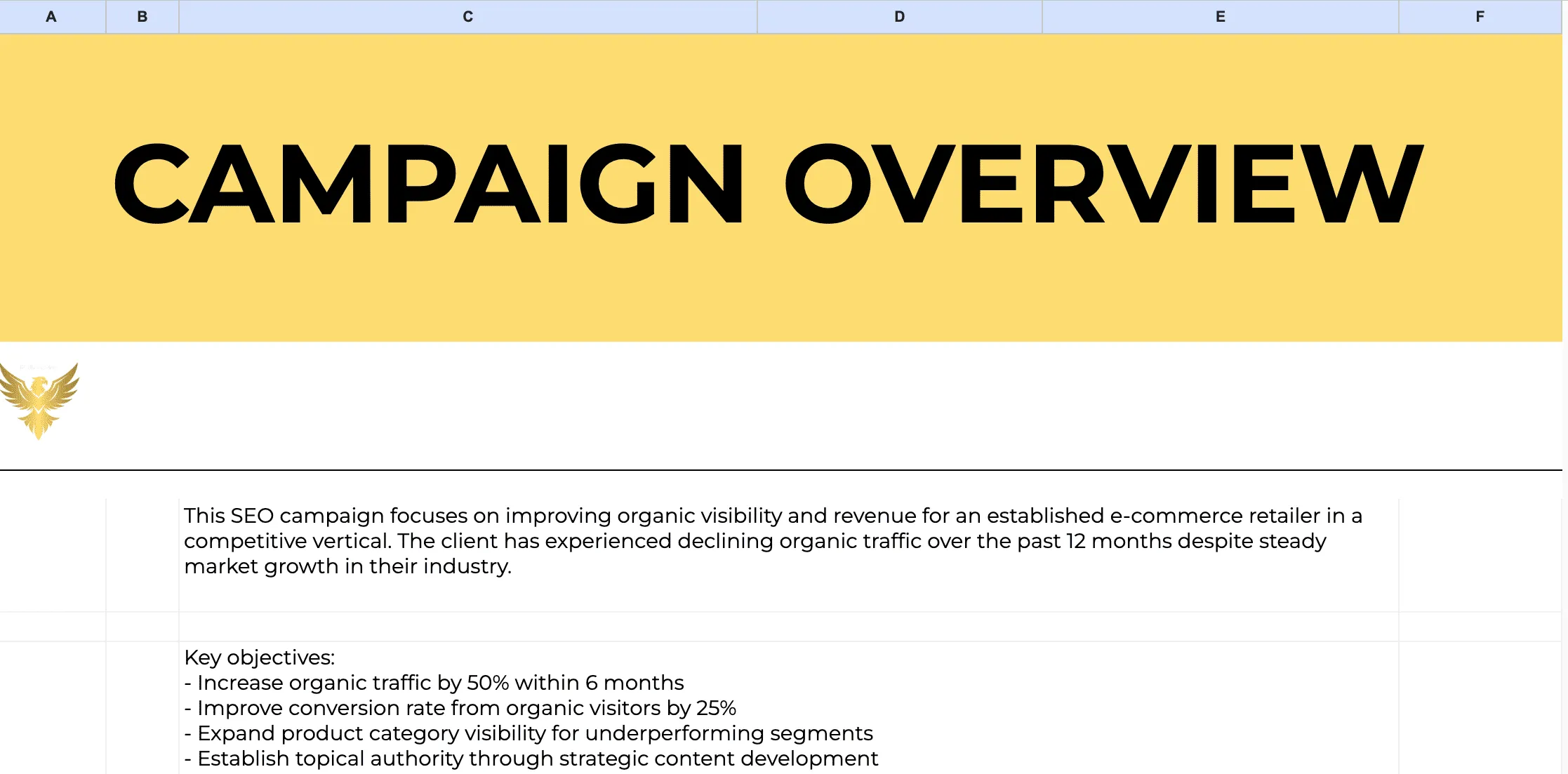 Spreadsheet view of monthly SEO task planner with objectives and statuses.
