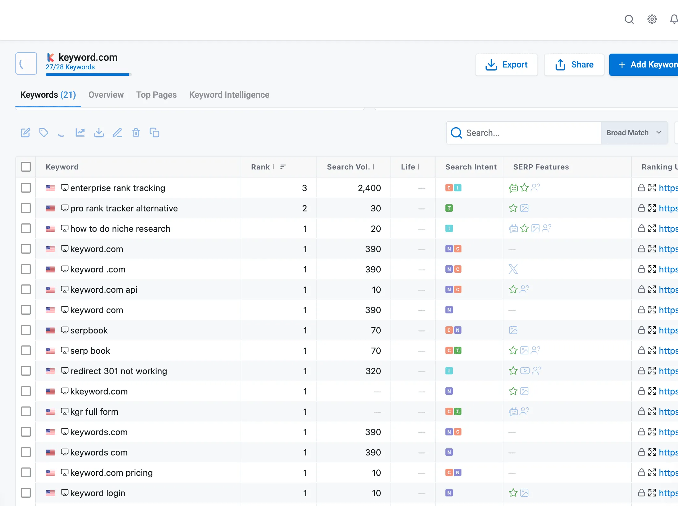 Keyword.com dashboard displaying keyword rankings, SERP features, and metrics.