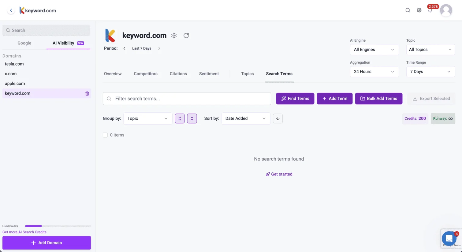 Keyword.com AI Visibility dashboard with domain selection and options to add domains for brand tracking