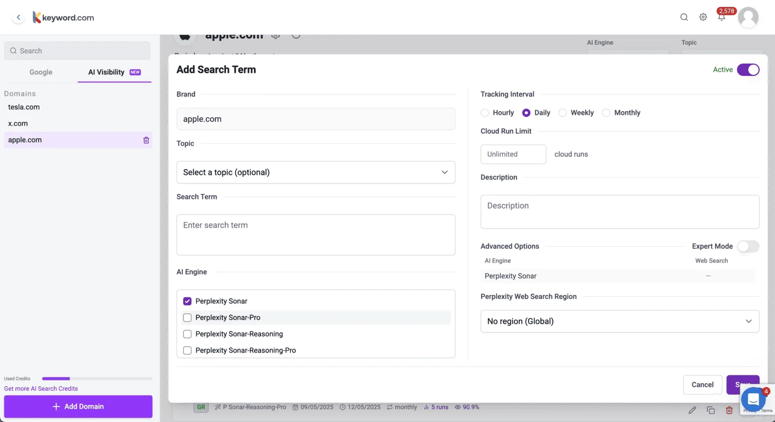 Screenshot of the “Add Search Term” panel in Keyword.com for Perplexity AI with tracking interval options