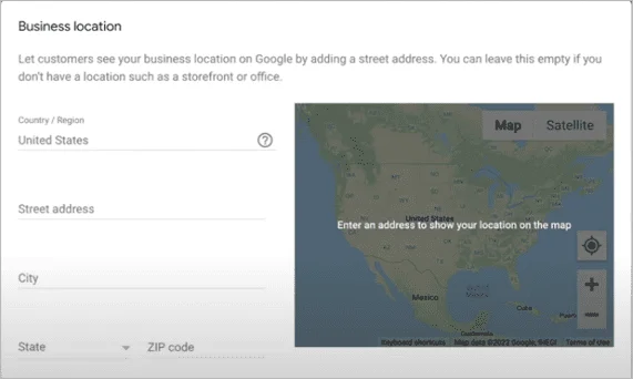 Screenshot showing the process of adding a business location on Google, including fields for street address, city, and ZIP code with a map preview.