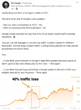 A LinkedIn post by Tim Soulo discussing Ahrefs