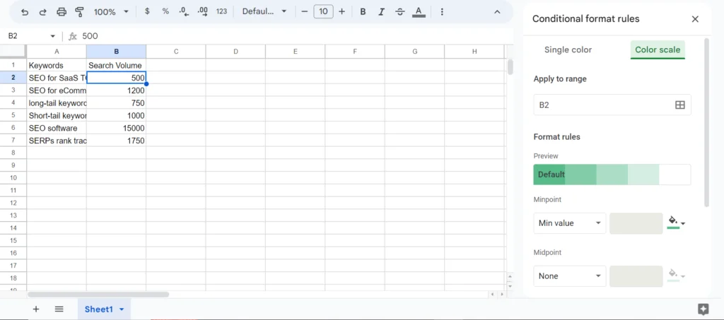 Description of the conditional format rules