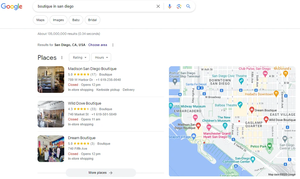 Example of Local Pack results on Google