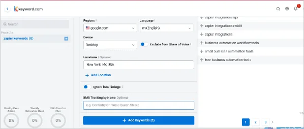 Screenshot of Keyword.com showing filtering options by country, language, city, or zip code, with 