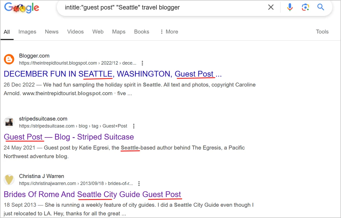Google search results for "intitle:guest post Seattle travel blogger," displaying opportunities for guest blogging to enhance local SEO efforts.