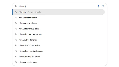 Google’s autocomplete suggestions for "Nivea a," showing popular branded keyword searches.