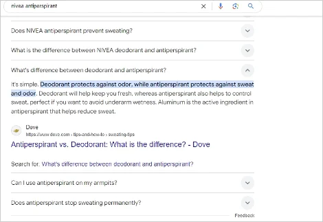 Featured snippet explaining the difference between deodorant and antiperspirant, highlighting Nivea’s product.