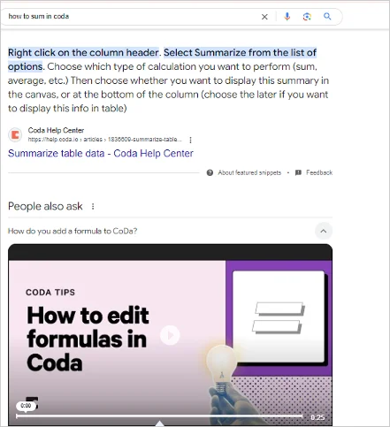 Example of a featured snippet guiding users on how to sum in Coda, showing a tutorial link.