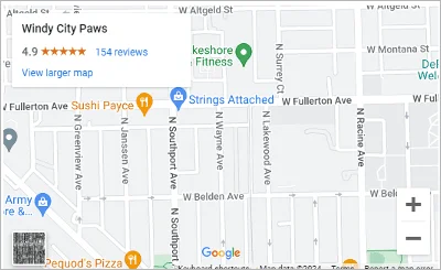 Example of a Google Map embed on Windy City Paws