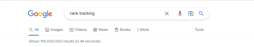 Google’s search result page for the keyword “rank tracking”
