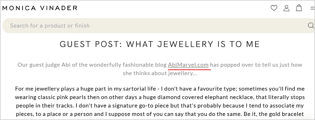 Screenshot of a guest post on Monica Vinader’s website featuring Abi from AbiMarvel.com discussing her thoughts on jewelry.