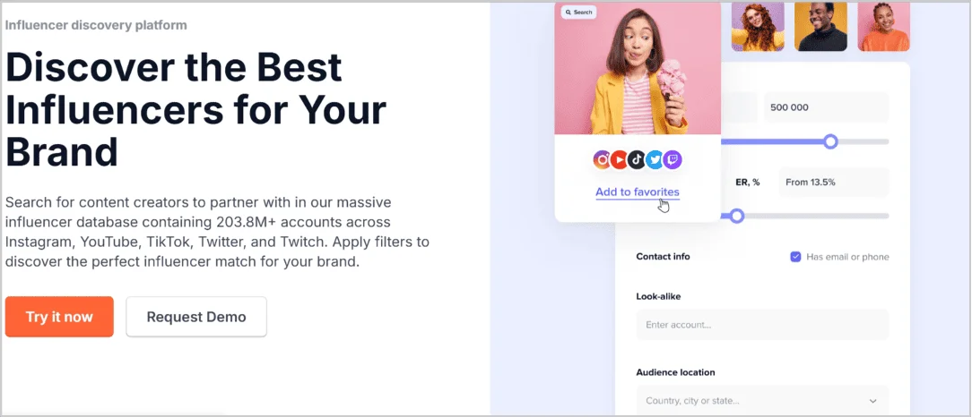 Screenshot of an influencer discovery platform featuring filters for audience size, engagement rate, and demographics for targeted influencer searches.