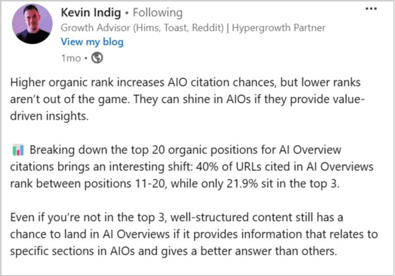 LinkedIn post by Kevin Indig breaking down how organic rankings affect chances of being cited in AI Overview citations, highlighting the value of well-structured content.