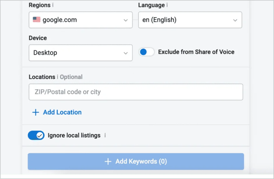 Screenshot of Keyword.com location selection feature, allowing users to enter ZIP codes or cities for location-based SEO analysis.