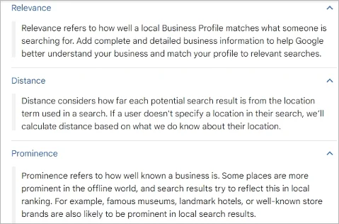 Illustration of key factors influencing local search rankings: relevance, prominence, and distance, with optimization tips for GBP and on-page SEO.