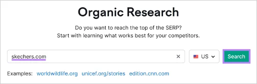 Screenshot of an organic research tool analyzing Skechers.com for SEO insights and competitor analysis.