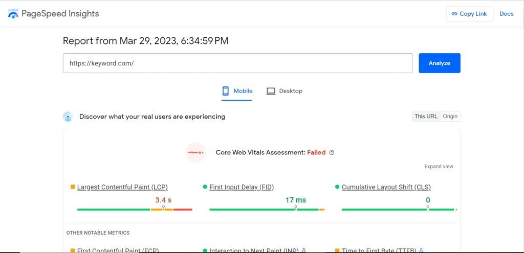 Pagespeed Insights dashboard