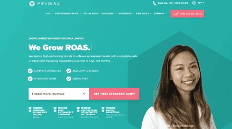 Screenshot of Primal agency’s homepage highlighting SEO, paid media, and digital marketing services to drive revenue growth.