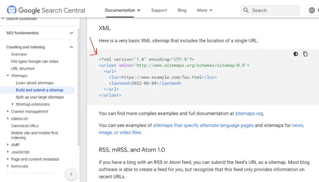 Google Search Console example of a XML sitemap 