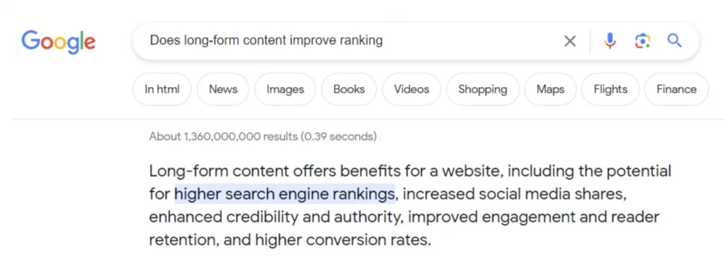 Snippet on long-form content for ranking