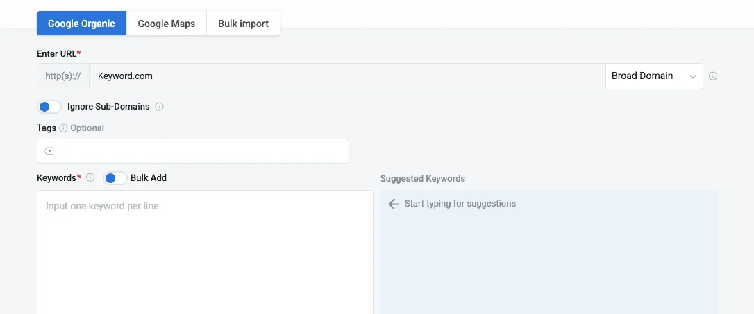 Screenshot showing how to create a project, enter a domain, and select keywords on Keyword.com.