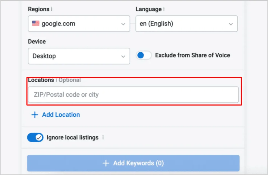 Screenshot of Keyword.com’s interface for adding locations, such as ZIP codes or cities, to track local SEO keyword performance.