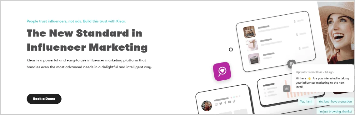 Screenshot of the Klear platform showcasing features for influencer discovery, campaign management, and live chat support for advanced marketing needs.