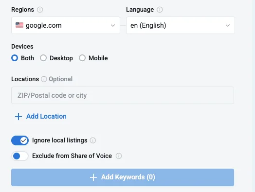 Screenshot displaying how to specify location, device, and language for more detailed keyword tracking on Keyword.com, with an option to turn off 