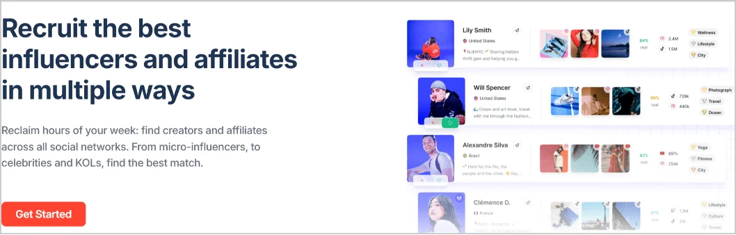 Screenshot of a platform interface for finding and recruiting influencers, showcasing profiles with stats on audience size and authenticity.