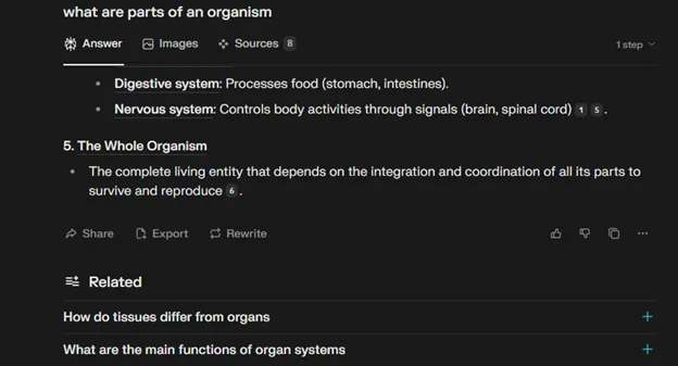 Snapshot of an AI answer explaining organism parts and biological functions in a search result
