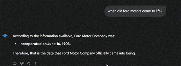 AI-generated result showing the incorporation date of Ford Motor Company in a conversational format