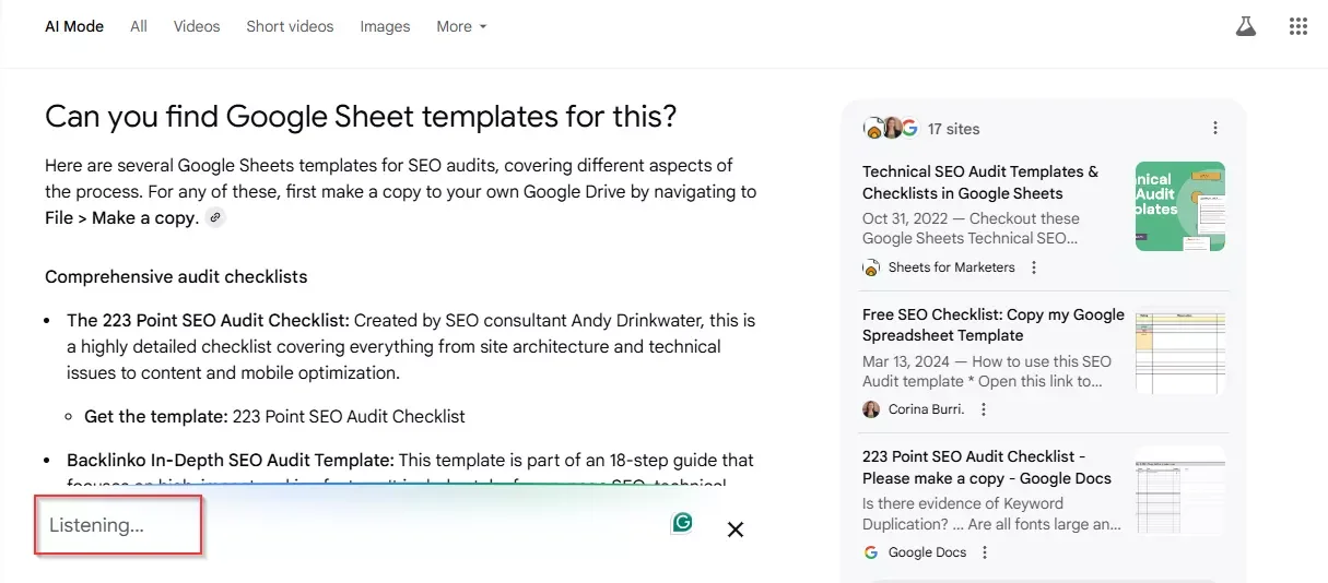 Screenshot showing AI Mode’s audio feature being used to continue a search 