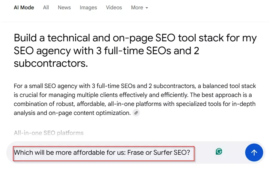 Screenshot showing a follow-up query in Google’s AI Mode 