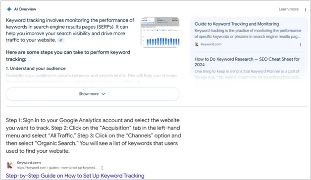 Google AI Overview card explaining keyword tracking steps, with Keyword.com listed in the results.