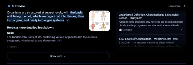 Screenshot of a Google AI Overview panel breaking down biological information with linked sources
