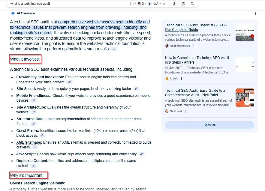 Screenshot showing sub-sections in AI Overviews 