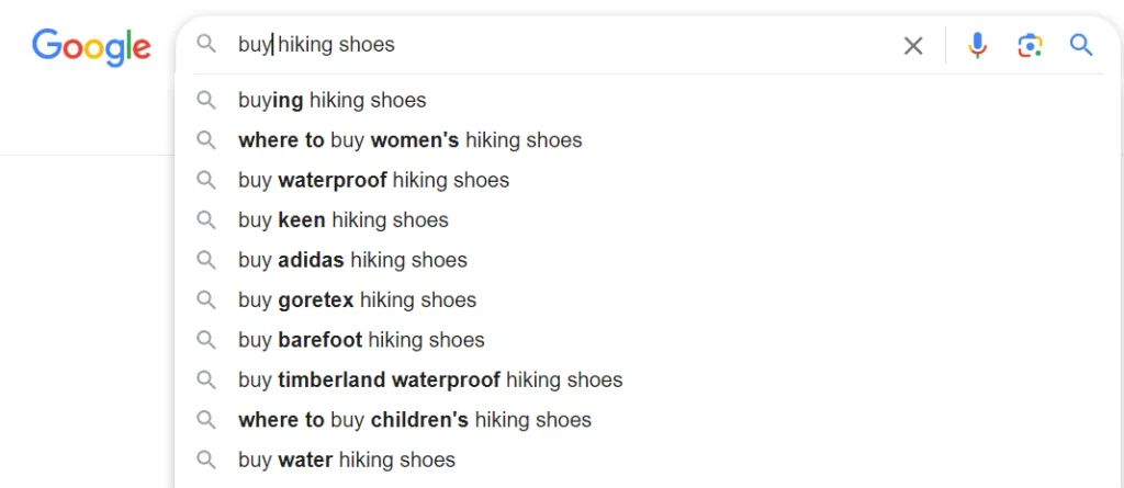 enter your seed phrases like your product category, the primary purpose of your product, or the service you offer into Google’s search bar and add a commercial intent modifier example 2