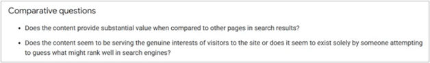 Comparative questions from Google to assess whether content provides unique value over other pages