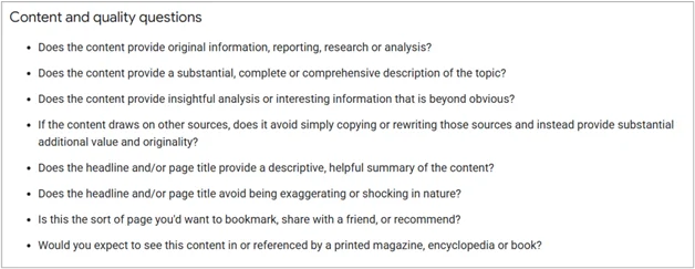 List of Google’s content and quality assessment questions related to originality, depth, and helpfulness
