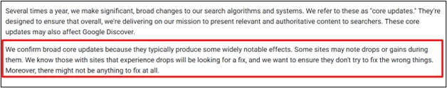 Highlighted text from Google explaining the purpose and impact of core updates on website rankings