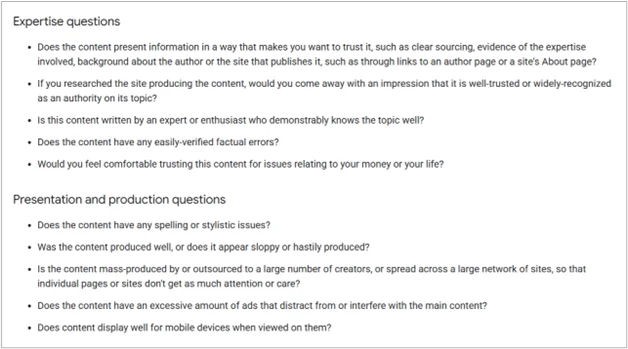 Questions used by Google to evaluate expertise, factual accuracy, and presentation quality of content