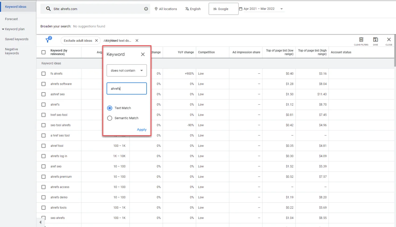 google keyword planner filter