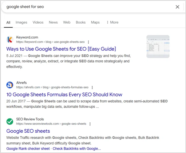 Screenshot of Google search results showing a blog post by Keyword.com titled “Ways to Use Google Sheets for SEO.”