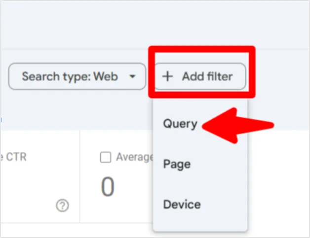 Screenshot of the Google Search Console interface showing how to add a query filter under Search Type.